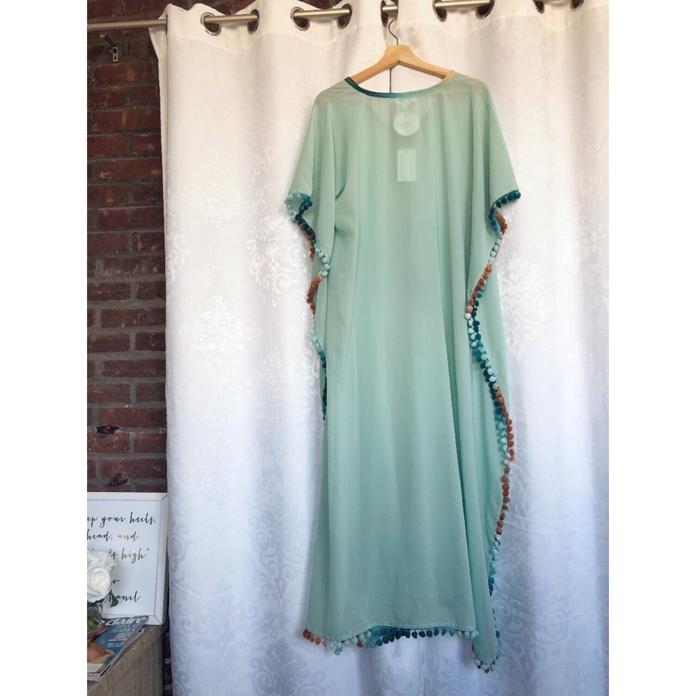 Frosty Aqua Sheer Pom Pom Kimono Cover Up - Picture 7 of 8